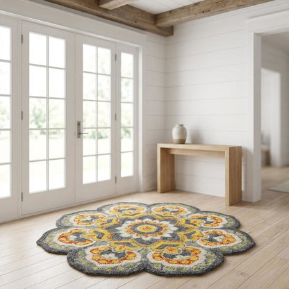 Gray Indoor Round Area Rug With Classic Style And Vibrant Yellow Accents