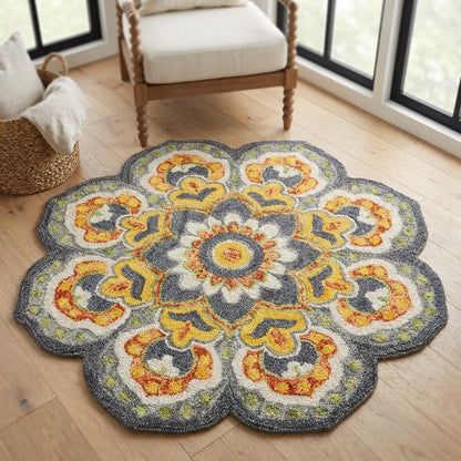 Gray Indoor Round Area Rug With Classic Style And Vibrant Yellow Accents