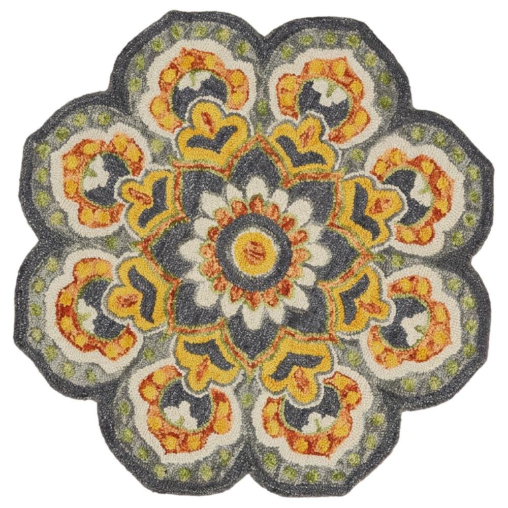 Gray Indoor Round Area Rug With Classic Style And Vibrant Yellow Accents