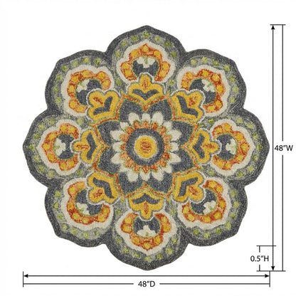 Gray Indoor Round Area Rug With Classic Style And Vibrant Yellow Accents