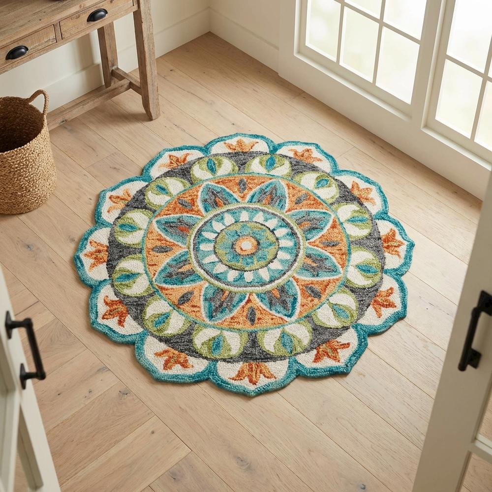 Bohemian Indoor Area Rug In Bright Orange And Blue, Round Design