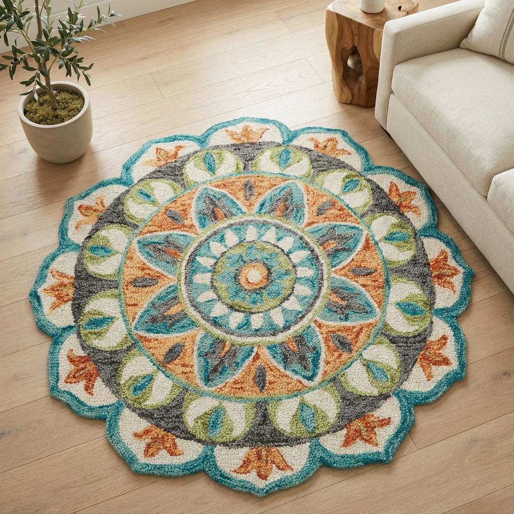 Bohemian Round Indoor Area Rug In Bright Orange And Blue For Living Room Decor