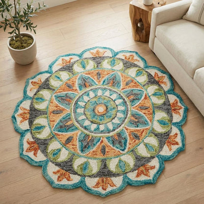 Bohemian Round Indoor Area Rug In Bright Orange And Blue For Living Room Decor
