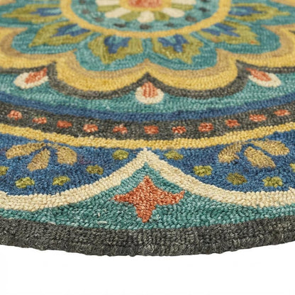 Bohemian Patterned Indoor Area Rug In Blue And Multicolored 4' Round