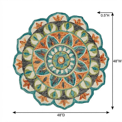 Bohemian Indoor Area Rug In Orange And Blue, 4' Round Durable Design
