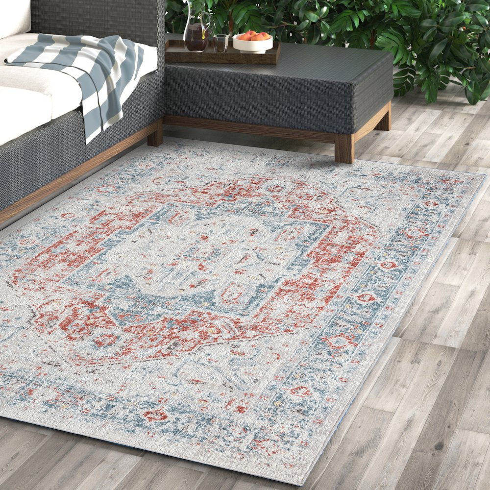 Antiquity Durable Performance Area Rug Outdoor in Blue/Orange, 9' x 12'