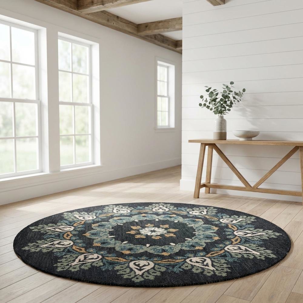 Round Indoor Area Rug In Black, Transitional Style For Modern Decor