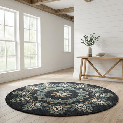 Round Indoor Area Rug In Black, Transitional Style For Modern Decor