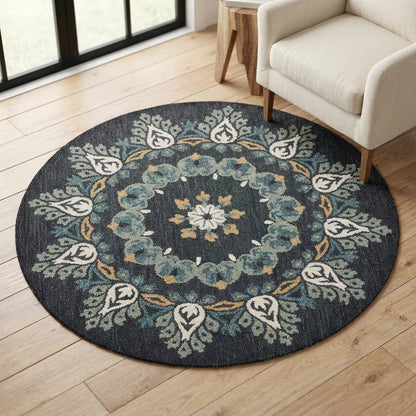 Round Indoor Area Rug In Black, Transitional Style For Modern Decor