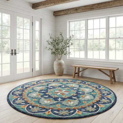 Blue Indoor Area Rug With Classic Round Design For Living Room