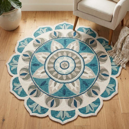 Blue Indoor Area Rug With Bohemian Design, 4-Foot Round Shape
