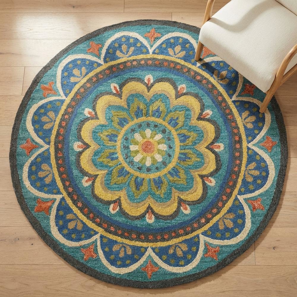 Blue Indoor Area Rug With Bohemian Design And Multicolored Pattern