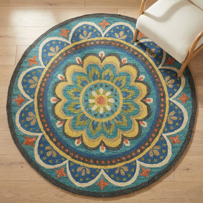 Blue Indoor Area Rug With Bohemian Design And Multicolored Pattern