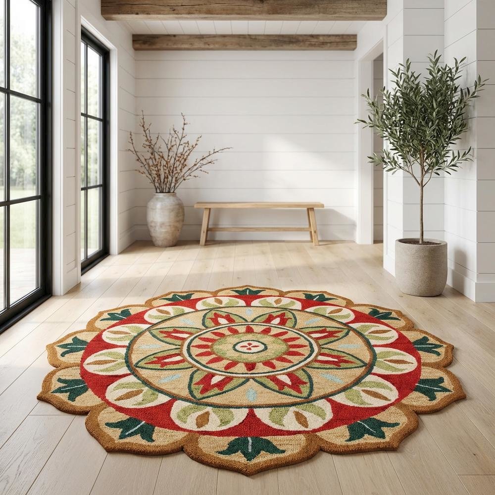 Bohemian Indoor Area Rug In Red And Green, Round Style, 4 Feet