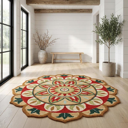 Bohemian Indoor Area Rug In Red And Green, Round Style, 4 Feet