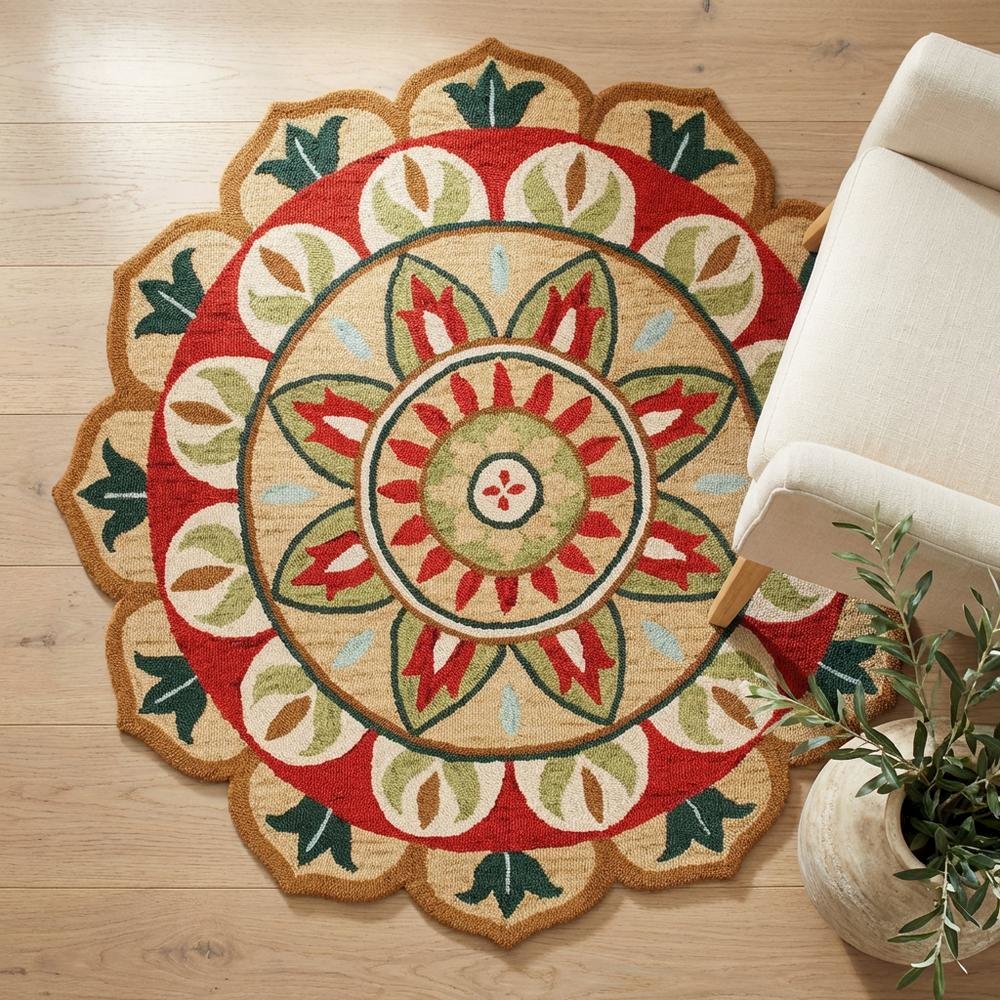Bohemian Indoor Area Rug In Red And Green, Round Style, 4 Feet