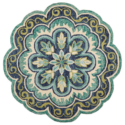 Bohemian Indoor Area Rug In Green And Blue, 5' Round, Casual Style