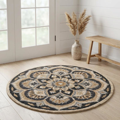 Round Indoor Area Rug With Black And Ivory Design, Classic Style For Living Room