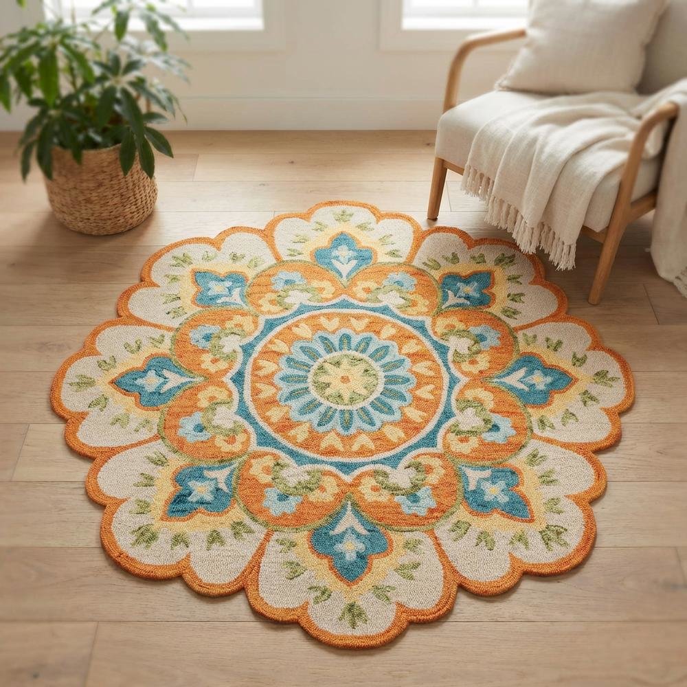 Bohemian Indoor Area Rug In Orange And Blue, Round Shape, Non-Slip Texture