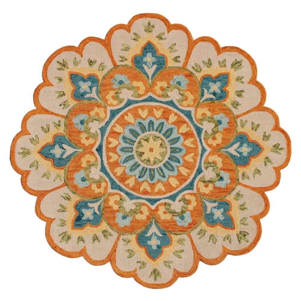 Bohemian Indoor Area Rug In Orange And Blue, Round Shape, Non-Slip Texture
