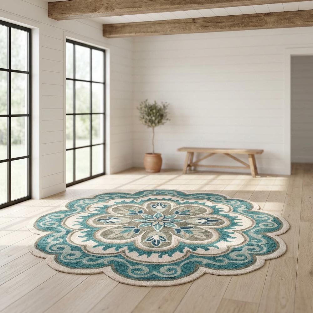Blue Round Indoor Area Rug With Bohemian Style And Spot Clean Durability