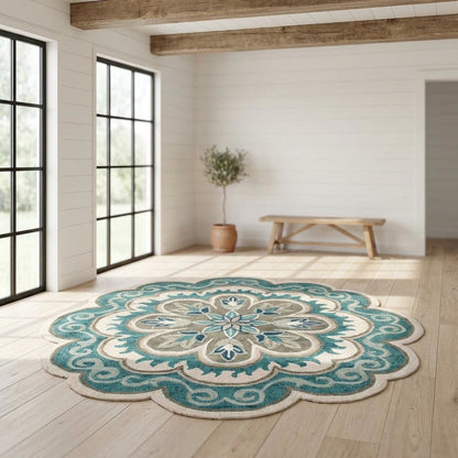 Blue Round Indoor Area Rug With Bohemian Style And Spot Clean Durability