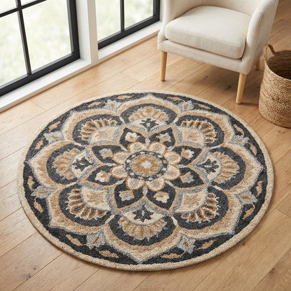 Round Indoor Area Rug With Black And Ivory Design, Classic Style For Living Room