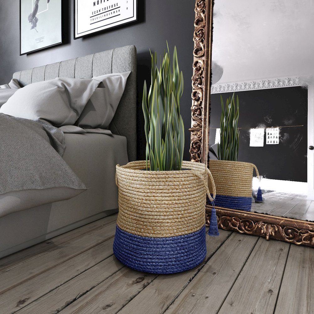 Baskets Jute Indoor Basket in Tan/Blue, 17" x 17" x 17"