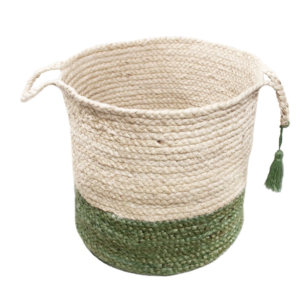 Baskets Jute Indoor Basket in White/Green, 19" x 19" x 19"