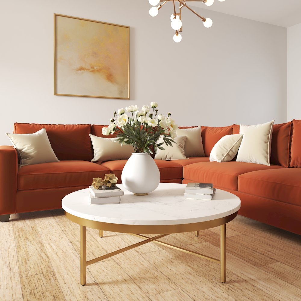 Benton Coffee Table in Gold/White, 36" Diameter x 18" H