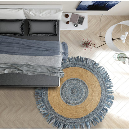 Boutique Jute Cotton Blend Area Rug Indoor in Blue/Tan, 3'6" Round