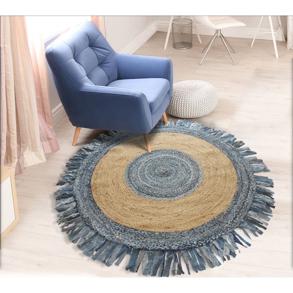 Boutique Jute Cotton Blend Area Rug Indoor in Blue/Tan, 3'6" Round