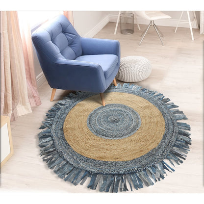 Boutique Jute Cotton Blend Area Rug Indoor in Blue/Tan, 3'6" Round