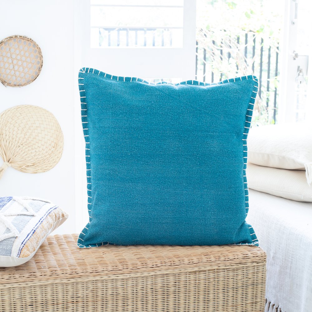 Ox Bay Hand-Woven Teal Bordered All-Natural Cotton Pillow Cover