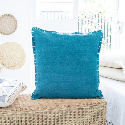 Ox Bay Hand-Woven Teal Bordered All-Natural Cotton Pillow Cover