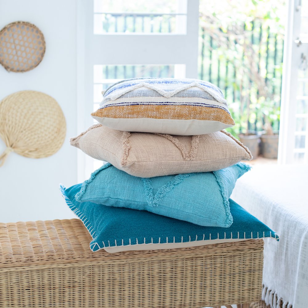 Ox Bay Hand-Woven Teal Bordered All-Natural Cotton Pillow Cover
