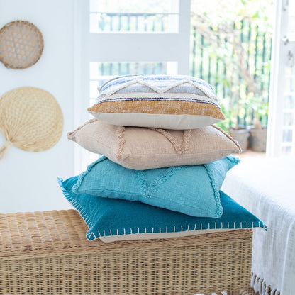 Ox Bay Hand-Woven Teal Bordered All-Natural Cotton Pillow Cover