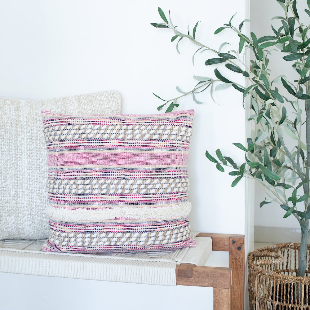 Ox Bay Hand-Woven Pink/Ivory Stripe Cotton Blend Pillow Cover