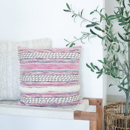Ox Bay Hand-Woven Pink/Ivory Stripe Cotton Blend Pillow Cover