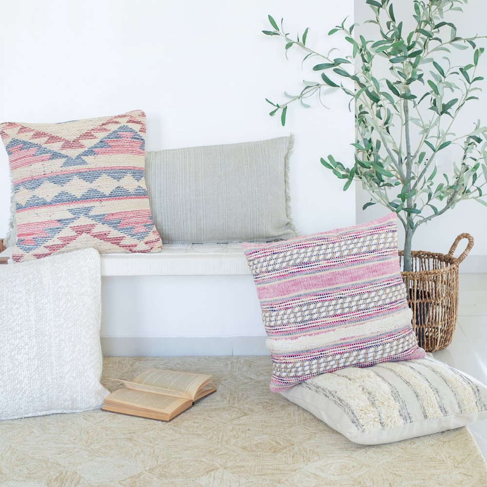 Ox Bay Hand-Woven Pink/Ivory Stripe Cotton Blend Pillow Cover