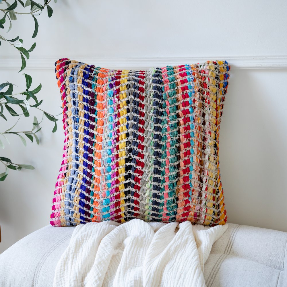 Ox Bay Hand-Woven Multicolored/Red Geometric Cotton Blend Pillow Cover