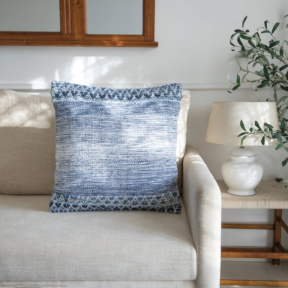 Ox Bay Hand-Woven Blue/White Distressed Cotton Blend Pillow Cover