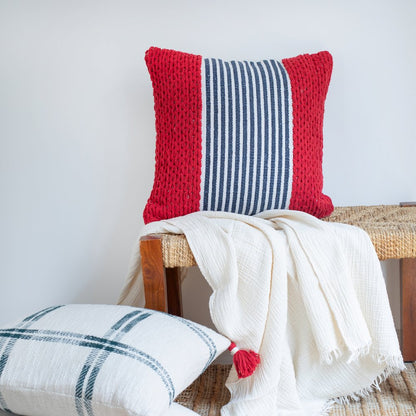 Ox Bay Hand-Woven Red/Blue Stripe Cotton Blend Pillow Cover