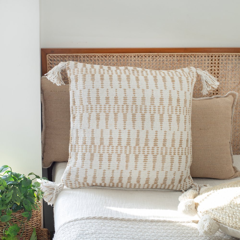Ox Bay Hand-Woven White/Tan Geometric Cotton Blend Pillow Cover