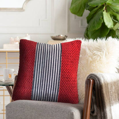 Ox Bay Hand-Woven Red/Blue Stripe Cotton Blend Pillow Cover