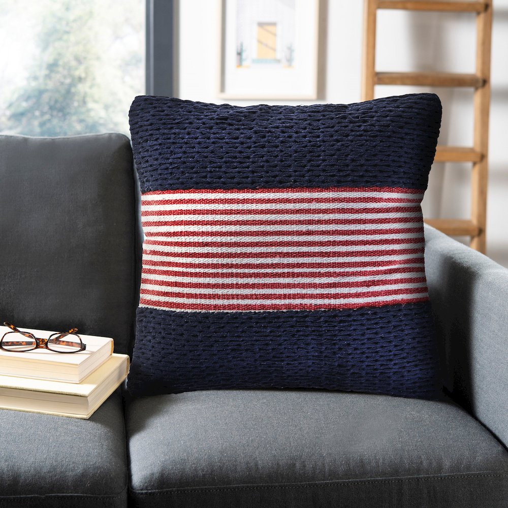 Ox Bay Hand-Woven Blue/Red Stripe Cotton Blend Pillow Cover