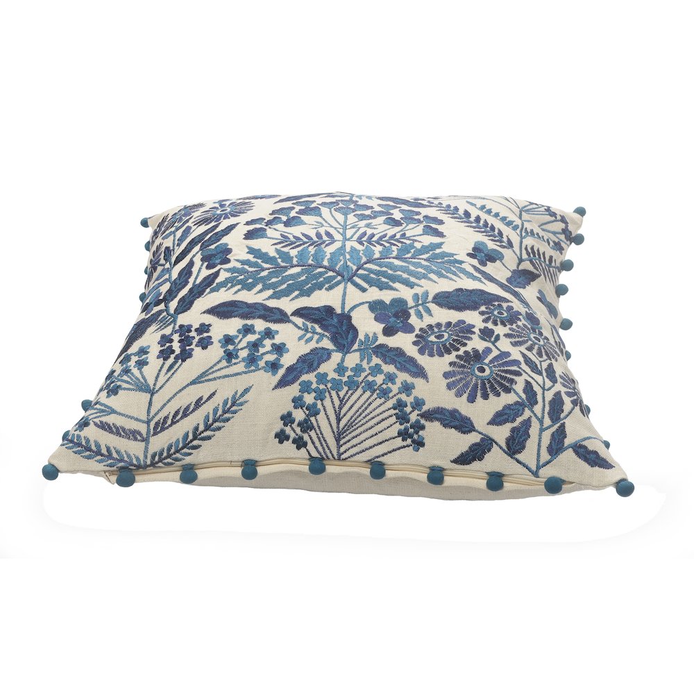 Hand-stitched White/Blue Floral/Botanical All-Natural Cotton  Pillow Cover