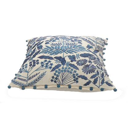 Hand-stitched White/Blue Floral/Botanical All-Natural Cotton  Pillow Cover