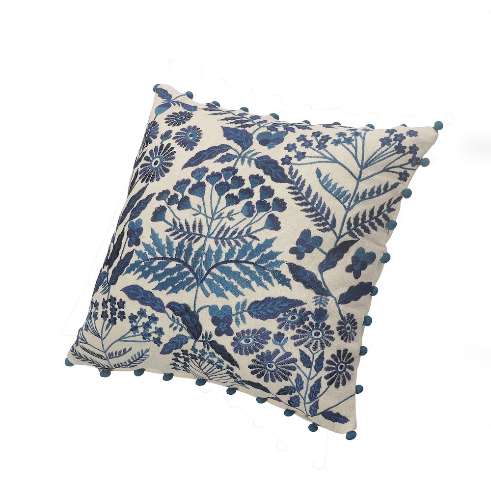 Hand-stitched White/Blue Floral/Botanical All-Natural Cotton  Pillow Cover