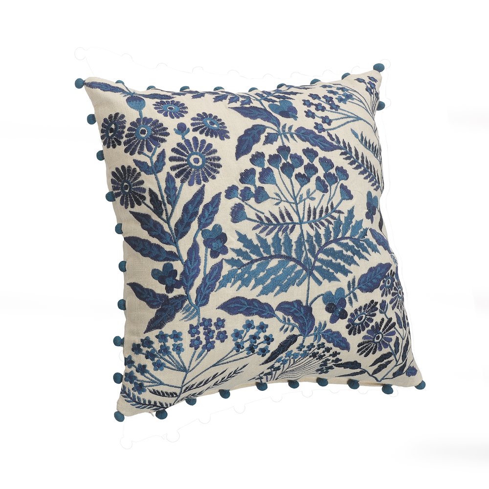 Hand-stitched White/Blue Floral/Botanical All-Natural Cotton  Pillow Cover